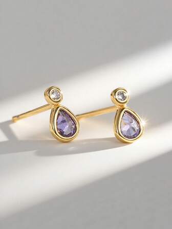 Charm-In 1对时尚简约小巧黄铜镀18K金水滴形几何锆石耳钉，女士礼物，情人节，母亲节