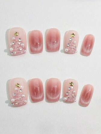 10pcs Christmas Nails Short Square, Pink Christmas Tree Nails, Pink Cat Eyes Shiny And Sweet Girl Y2k Nail Art, Hand-Wearing Nails Are Versatile, Suitable For Girls' Daily And Holiday Wear To Use Pressing Nails, Fake Nails