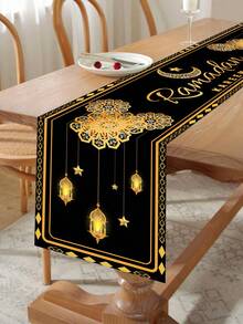 1pc Ramadan Kareem Table Runner, Black & Gold Moon Star Pattern, Suitable For Dining Table Decor, Ramadan Celebration, Tablecloth Decor, Eid Al-Fitr Celebration, Eid Al-Fitr Home Decor, Ramadan Decoration