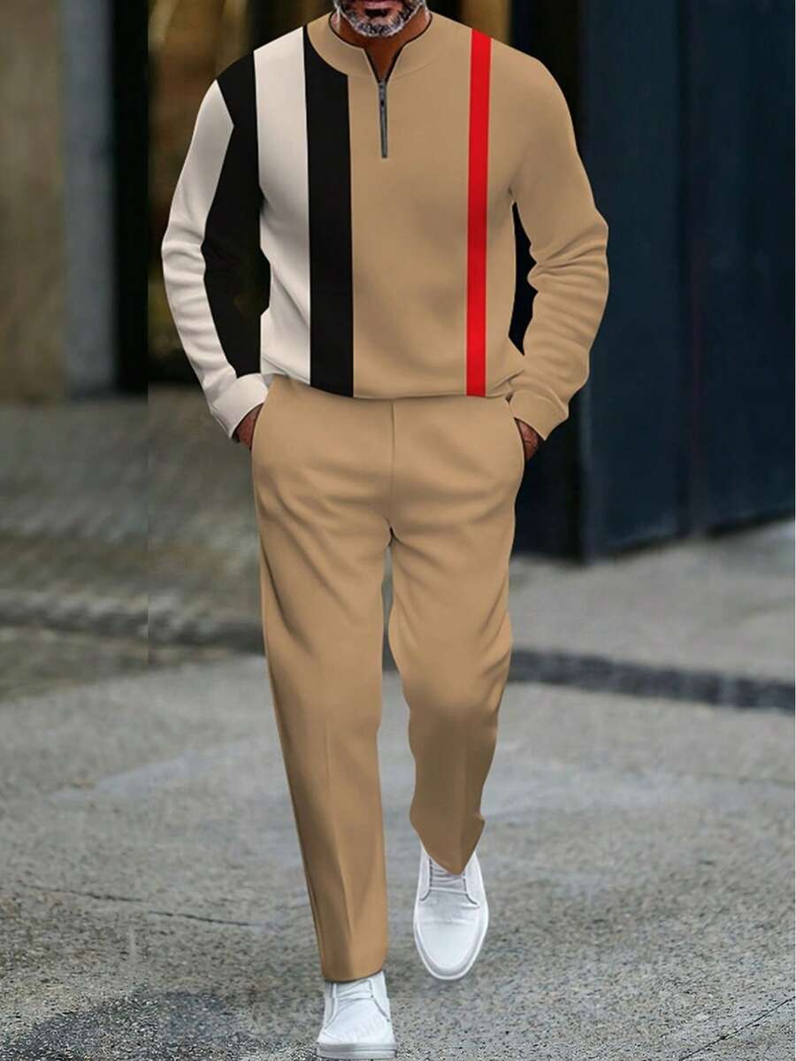 Men's Two-Piece Set, Men's Long Sleeve Long Pants Warm And Fashionable Outfit, Multi-Color Block Splicing Digital Print Hoodie Paired With Solid Color Casual Sports Pants, Regular Fit Simple Design Street  Fashion Wear, High-Quality Soft. ... - Màu sắc hỗn hợp - Xem 1