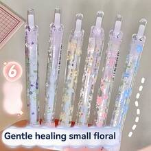 6pcs Ditsy Floral Pattern Push-Button Ballpoint Pens, High-Quality Quick-Drying Black Ink Pens, Smooth Writing For Studying, Student Stationery Supplies, Student Prizes & Gifts - Multicolor - View 8