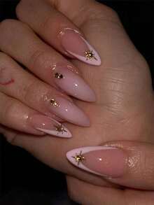 24pcs French Manicure Nail Stickers, Medium Almond Shape, Pink Tie Dye Decor, Gold Glitter Accent, Rhinestone Pointed Tip Design, Sweet Minimalist Style, Smooth Surface, Full Coverage Fake Nails, Suitable For Women And Girls Daily Wear - 淺粉色 - 查看 2
