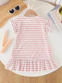 Vestido casual para niñas con cuello con bordado de corazón a rayas y volantes para el Día de San Valentín - Rosa - Ver 2