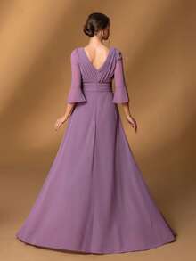 Faeriesty Mosy优雅V领喇叭袖A字型正式礼服，侧开衩设计——适合新娘和新郎母亲出席黑领结晚宴、婚礼招待会、慈善舞会、晚宴和红毯活动。 - 淡紫色 - 查看 3