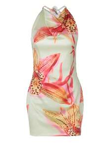 Women Floral Pirnt Halter Backless Mini Dress Bodycon Sexy Pary Short Dress Vacation Evening Club Prom Clothes - Light Yellow - View 1