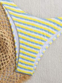 wohenmeili 女士度假沙滩条纹抹胸比基尼上衣和三角泳裤两件套泳衣，适合夏季，欧美风格