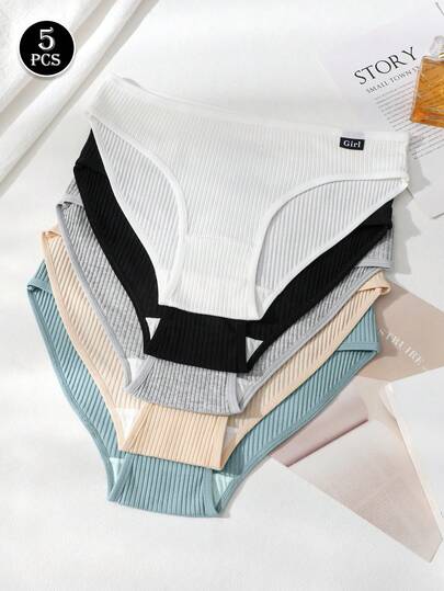 5Pcs Sexy Briefs Panties Ribbed Low Waist Underwear For Women Stretchy Underpants Panty Traceless Lingerie Comfortable Knickers Soft Minimal Style Letter Design For Daily Wear