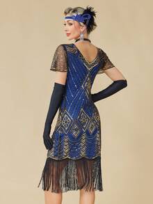 Váy Flapper thập niên 1920, Váy Great Gatsby thời kỳ Roaring 20s dành cho nữ, Váy cưới tay voan đính hạt cườm tay dài mùa xuân - Màu xanh lam - Xem 7