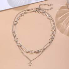 Fashion Double Layered Star Choker Necklace Punk Pentagram Silver Color Necklaces For Women Girls Jewelry Gift New - 銀色 - 查看 4