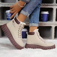 1 Pair Women's White Casual Snow Boots, Round Toe Outdoor Lace-Up Waterproof Leather Thermal Lined High-Top Boots, Autumn/Winter - Màu Khaki - Xem 2