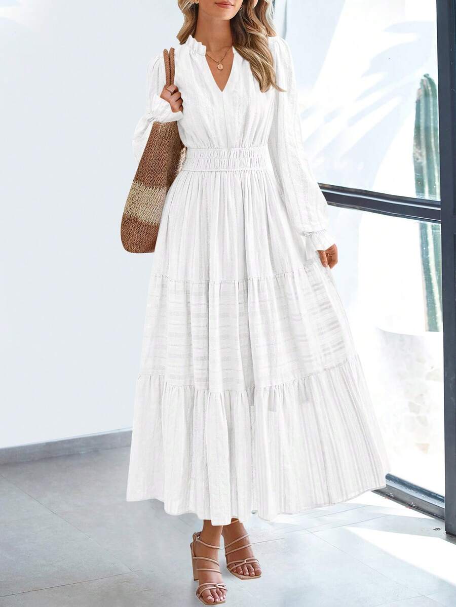 Women's  Fall Wedding Guest Dresses Long Sleeve V Neck Flowy Elegant Holiday Party Maxi Dress With Pockets - 白色 - 查看 1