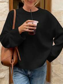 FOR BEAUTY 春秋新款纯色极简圆领长袖针织衫，宽松通勤款套头衫，黑色，新年版