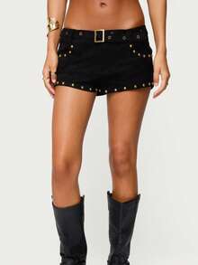 Women Y2k Studded Belt Micro Shorts Low Rise Rivet Faux Suede Shorts Buckle Mini Bottoms Punk Streetwear - Black - View 5