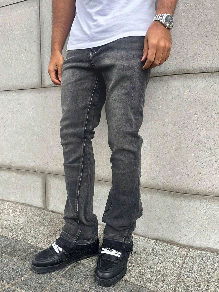 Jeans ajustados y elásticos con efecto desgastado para hombres, estilo casual de calle, adecuados para todas las estaciones - Gris - Ver 1