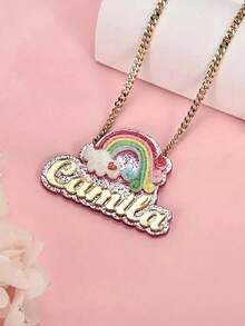 A Custom Name Necklace - Rainbow Glitter Acrylic Pendant With Stainless Steel Cuban Chain, Pink Cute Creative Jewelry, Daily Wear, Birthday Christmas Gift, Graduation Teacher's Day, Personalized Accessories, Fun Font Style - Multicolor - View 5