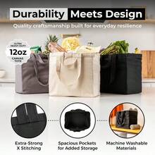 Canvas Grocery Bag 3pc XL Set With Real Pockets, Long Shoulder Strap And Short Handle. Heavy Duty, Foldable, Washable - Black - View 14