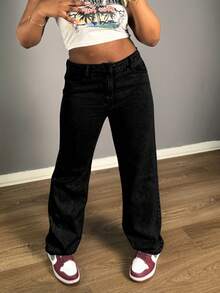 Chicsale Straight Jeans, Diagonal Pocket Loose Style Street Fashion Brand Loose Jeans, Ladies Jeans And Clothing - 黑色 - 查看 6