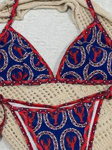 [سلسلة الفاخرة] طقم بكيني بطباعة فنية بتباين اللون الأحمر والأزرق، ملابس سباحة فاخرة بطراز منتجع راقي