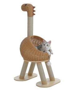 PAWZ Road Modern Cat Tree, 46-Inch Wooden Cat Tower With Dinosaur Design, Large Rattan Tree And 5 Fully Wrapped Sisal Scratching Posts For Indoor Cats - 米色 - 查看 12