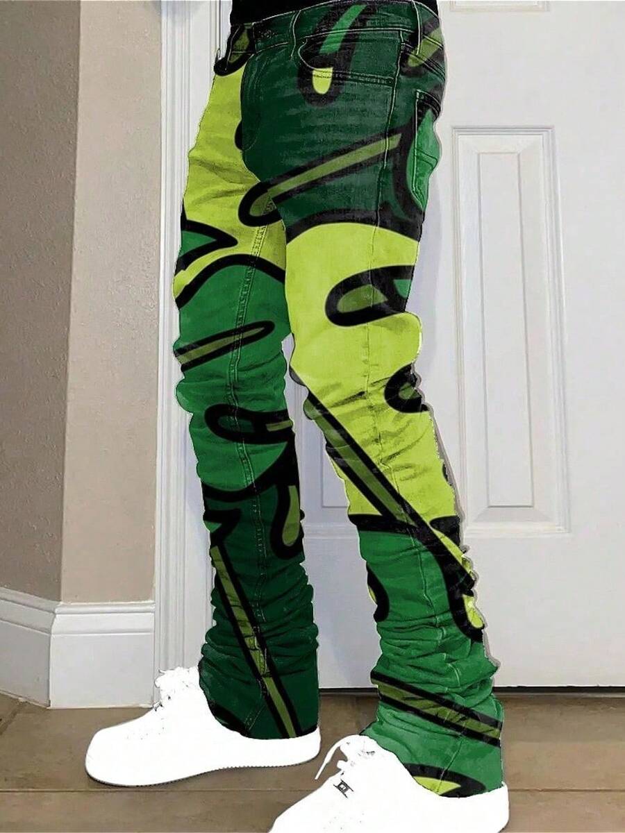 Men's Long Pants Street Style Cartoon Graffiti Print Men's Hip-Hop Style Straight Fit Casual Pants - Cỏ xanh - Xem 1