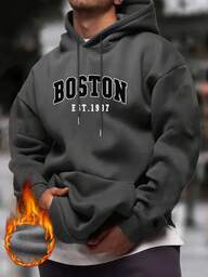 Moletom com capuz casual com estampa de letras de Boston masculino, volta às aulas, outono/inverno