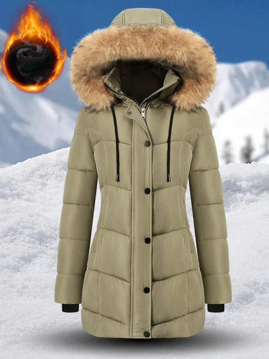 Women's Mid-Length Winter Coat Casual Fleece-Lined Windbreaker Detachable Hood With Drawstring Built-In Pockets, Two-Way Zipper Stylish Quilted Hooded Jacket Casual Outdoor Winter Top Perfect For Daily Wear, Commuting, Holidays, Gift - 軍綠色 - 查看 1