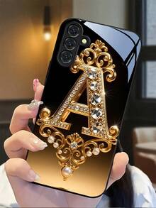 Diamond-Encrusted Letter "A" Badge Tempered Glass Phone Case Suitable For Compatible With IPhone 17,16, 15, 14, 13, 12, 11, PRO MAX,PLUS,Air,As Well As Galaxy S25/24/23/22/21 Ultra/FE/+,A71/56/55/54/53/52/36/35/34/32/26/25/24/23/16/15/14,New Style Of Fashion Creative Design - Nhiều màu - Xem 2