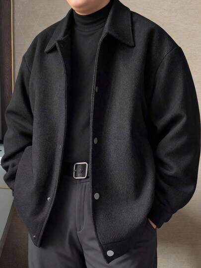 Plus Size Men's Solid Color Turndown Collar Wool Blend Full Zip Jacket, Thick Outerwear, Streetwear, Versatile For Multiple Occasions