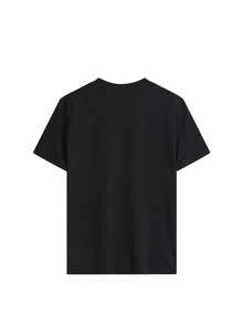 Camiseta de mujer de manga corta, cuello redondo, 100% algodón, holgada, de estilo casual y versátil con estampado moderno. - Negro-2 - Ver 5