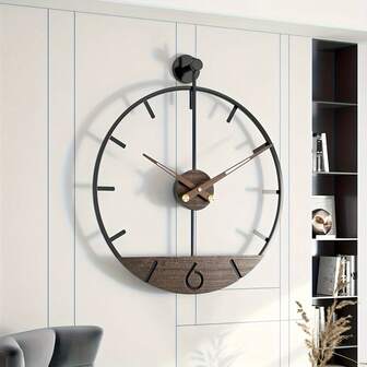 1pc Modern Silent Wall Clock - 50cm/20 Inch Iron & Wood Design, Battery Powered, Suitable For Living Room, Bedroom Or Outdoor Garden Decor (Batteries Not Included)