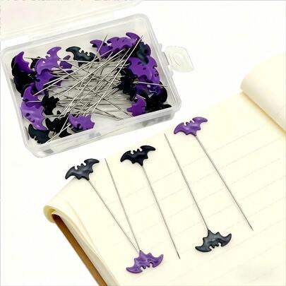 50 piezas/100 piezas Agujas de bordado con murciélagos morados y negros para Halloween, herramienta práctica para el hogar, decoración elegante para la habitación, regalo ideal para amigos en Halloween y Navidad