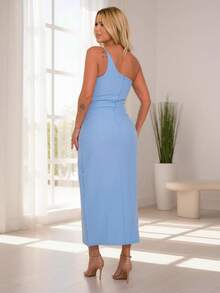 LXC Women's White Long Bridesmaid Dress With One Shoulder And Side Slit - Light Wash - View 3