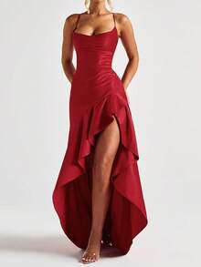 Vestido de fiesta rojo de verano con espalda descubierta, volantes y cuello cuadrado, elegante, adecuado para citas, vacaciones y playa - Rojo - Ver 2