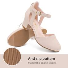 1 Pair Girls Dress Shoes Closed Toe Chunky High Heels Ankle Strap Wedding Party Pump Shoes - Da Nubuck Nude - Xem 2