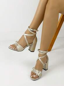 Timesize 水钻蝴蝶结女士凉鞋，香槟色高跟凉鞋，正式工作鞋，婚鞋，女士礼服鞋，办公鞋，夏季低跟凉鞋，新品上市 - 香檳色 - 查看 3