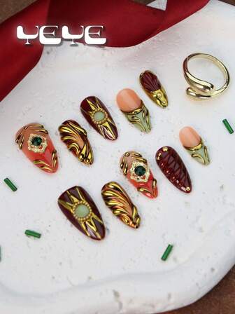 10pcs Fake Nails Almond Shape French Tip, Novelty ,3d Three-Dimensional Decoration Element,Metallic Chrome, Nude,Natural Looking,Emerald,Middle-East Royal Household,Full Coveragereal Looking Sets Of Fake Nails,Nail Art For Girls And Women,Abstract Gothic Art Style,Perfect Fit False Nail Set ,Contain 1pc Jelly Glue And 1pc Nail File, Nail Art For Daily Life And Party Use