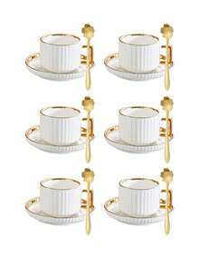 1 Set Ceramic Cup & Saucer Set, Ceramic Tea Cup And Plate, Coffee Cup And Saucer, European Style Gold Rim Drinkware For Breakfast, Tea Party, Ramadan Afternoon Tea, Home, Garden, Restaurant, Suitable For Summer And Winter - White - View 15