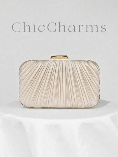 Plisserad satin designbox-form clutchväska, lämplig för kvällsfest, bankett, högtidlig klänning, bal, med kedja