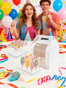 5pcs/1pc Portable Cake Pop Display Box, Cake Pop Packaging Box With Transparent Window, White Cake Pop Container - White [Round Hole + Flat Hole] - View 4