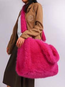 Long Strap Faux Fox Fur Tote - -Wide Large Capacity Tote Bag - Rose Red - View 1