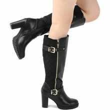 PENNYSUE Women's Knee High Boots, Fashion Chunky Block Heel Warm Winter Boots With Side Zipper For Office And Casual Wear - Pu đen - Xem 2
