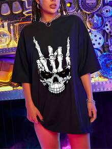 New Plus Size Printed Crew Neck Drop Shoulder T-Shirt - Black - View 1