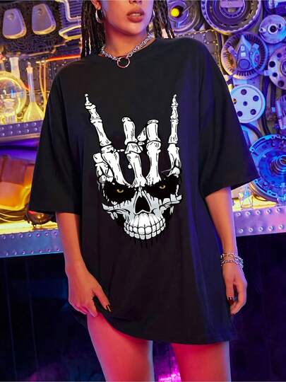 Nueva camiseta de moda estampada de cuello redondo, hombros caídos, manga corta y corte holgado, camiseta cómoda de algodón.