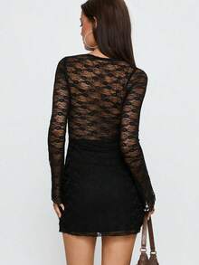 Sexy & Fashionable Round Neck Semi-Sheer Lace Long Sleeve Slit Mini Dress, Suitable For Spring/Summer - Black - View 4