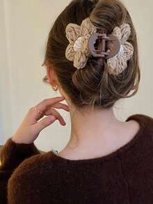 1 pieza Clip para el cabello con diseño de flor tejida, clip delgado y minimalista para moño, accesorios de playa, clip de garra para accesorios de cabello de otoño e invierno para mujer para atuendos de vacaciones, pasador de cabello, barrettes