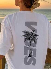 Camiseta de manga corta con cuello redondo y estampado minimalista de palmera para mujer, sencilla y versátil, adecuada para uso diario y de vacaciones. Camiseta con Estampado, Mujer, Blanca, Negra, Rosa, Verano - Blanco - Ver 3