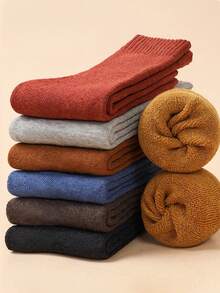 1/3/5/10/15 pares de calcetines gruesos y cálidos con forro térmico y letras sólidas para hombres, calcetines acogedores de colores aleatorios