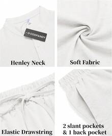 Men's 2 Pieces Linen Set Casual Henley Short Sleeve Shirts Beach Yoga Shorts Summer Outfits - Màu xanh lam - Xem 11