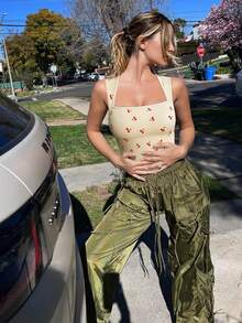 OQQ 3 Piece Bodysuits For Women Sexy Ribbed Strappy Square Neck Stretch Tank Tops Bodysuits - 酪梨綠,香芋紫,玫瑰米,黑,火龍果色,櫻桃米 - 查看 7