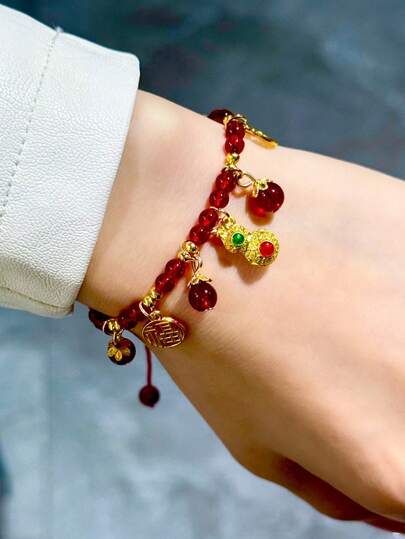 Handmade Woven Red Bead & Golden Dragon Amulet Bracelet, Feng Shui Prosperity Charm, Suitable For Year Of The Dragon